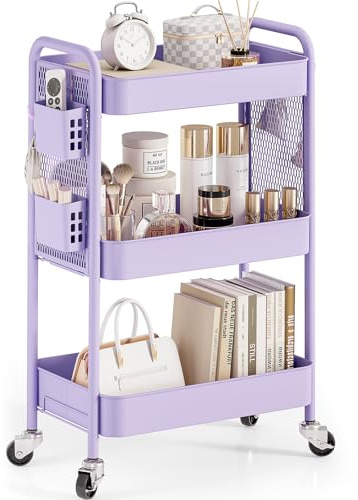 Urackify 3 Tier Storage Trolley on Wheels, purple | DIY Pegboards, Hanging Bins, Hooks, Living Room, Kitchen, Bathroom, Office, Classroom