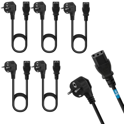 Lot de 5 Câbles Cordons d’Alimentation 5m pour Appareils Prise CEE 7/7 Schuko vers IEC 320 C13, pour PC, Moniteur, TV, écran d'ordinateur, vidéoprojecteur, appareils ménagers