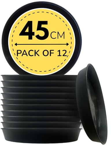 Growers Own 45cm Round Plant Saucers – Pack of 12 Heavy Duty Planter Drip Trays. Protect Surfaces from Water Damage & Stains. Weatherproof & Easy to Clean. Durable For Indoor & Outdoor Use. Black