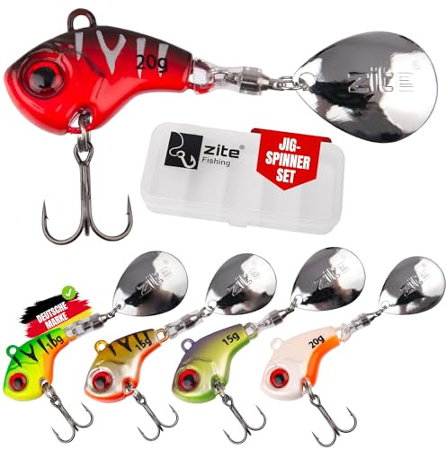 Zite Fishing Jigspinner Set | 5 Stück Spin Jig Barschköder 10g-20g | Spinner Barschangeln Zanderangeln | Raubfischköder für Barsch, Zander & Hecht | Spinn-Köder inklusive Tackle-Box