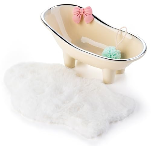 Minamzee Vasca da bagno per casa delle bambole, 1:12 bianca in miniatura con palla da bagno blu e tappeto, mobili da bagno per casa delle bambole per accessori decorativi per la casa (beige)