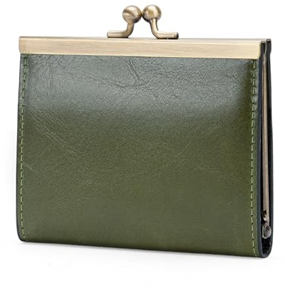 GOIACII Credit Card Holder Vintage Wallet for Women Genuine Leather Ladies Card Cases with Kiss Lock Small Green