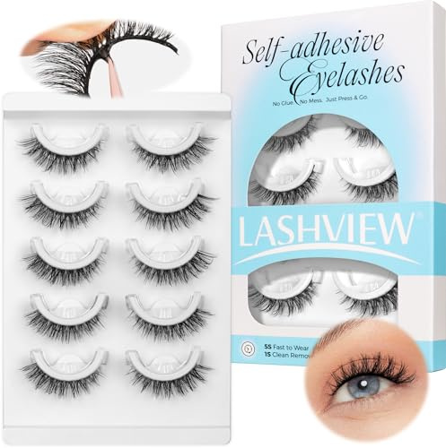 LASHVIEW Selbstklebende Wimpern 5 Paare Natürlicher Look Press-on Künstliche Wimpern ohne Kleber Wiederverwendbar Cat Eye Wispy Pre Glued Fake Lashes mit Ersatzklebstreifen (CV01)