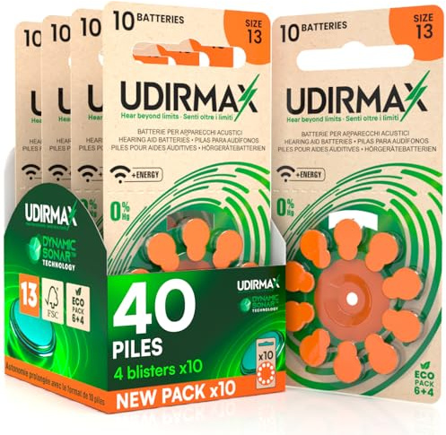40 Batterien für Hörgeräte Größe 13 Udirmax PR48 Orange Zink-Luft-Batterien mit Dynamic Sonar Tecnology - 4 Umweltfreundliche Blister mit 10 Batterien