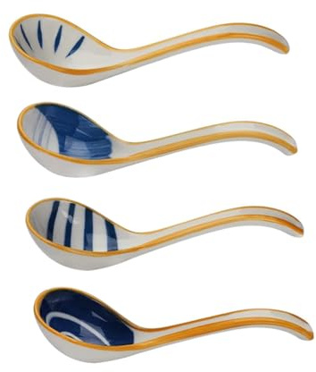 SMASOLO 4 pezzi Cucchiai da Zuppa in Ceramica di Qualità Alimentare Resistenti Temperature Alte e Crepe per Ravioli Noodles Antipasti e Dessert Stoviglie Eleganti in Stile Giapponese e