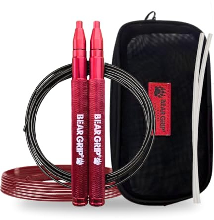 BEAR GRIP Premium Adult Speed Skipping Rope – Adjustable Self-Locking Jump Rope with Cable Protector, Carry Pouch & 2 Steel Ropes - Ideal for HIIT, Boxing, MMA, Fitness & Workouts