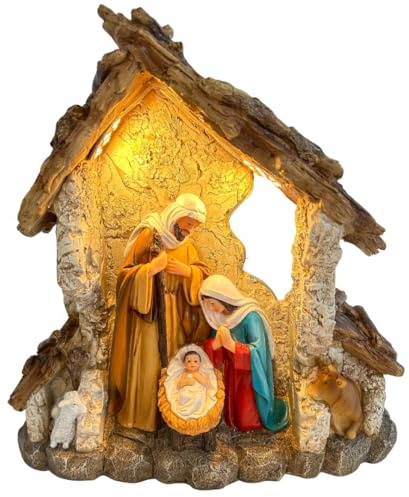 abc HOME | Große Krippenszene | Beleuchtete Stall-Szene | 23cm Polyresin Figur | 20 LEDs, Heilige Familie & Hirten