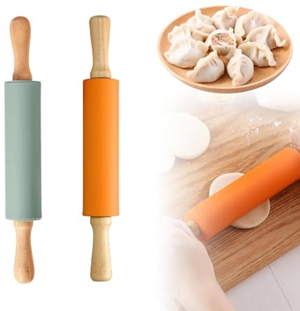 Vastsea 2 Piezas Rodillo Cocina de Silicona, Antiadherente silicona rodillo, Rodillo de madera, Aplicar para Tarta Corteza, Pizza, Pasteles de Masa, 31x4.2cm (Verde, naranja)