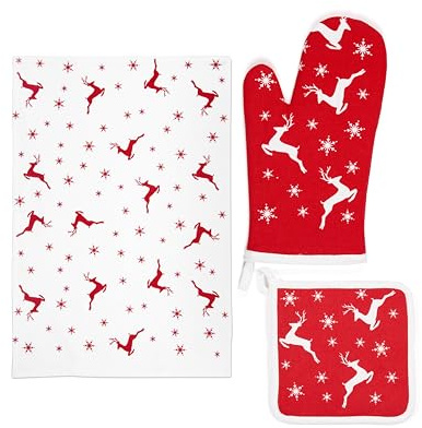 Excelsa Nordic Christmas Set Cucina Natalizio, Guanto Forno, Presina e Canovaccio in Cotone, Bianco e Rosso con Renne e Fiocchi di Neve, 3 Pezzi