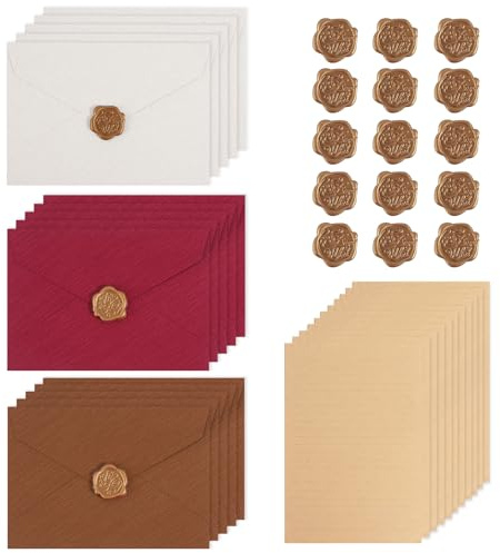 75 Stück Vintage Briefpapier mit Umschlag, Liebesbrief Papier Vintage mit 15 Leinen Umschläge 45 A5 Briefpapier und 15 Wachssiegel-Aufkleber für Geburtstag, Hochzeits Einladung Grußkarten