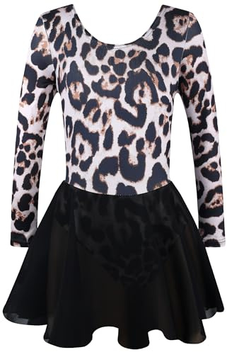 ZNYUNE Body da danza per bambini, 95% cotone, body da balletto, body da danza, body a maniche lunghe, con tutù, gonna B439, BlackLeopard 140/146