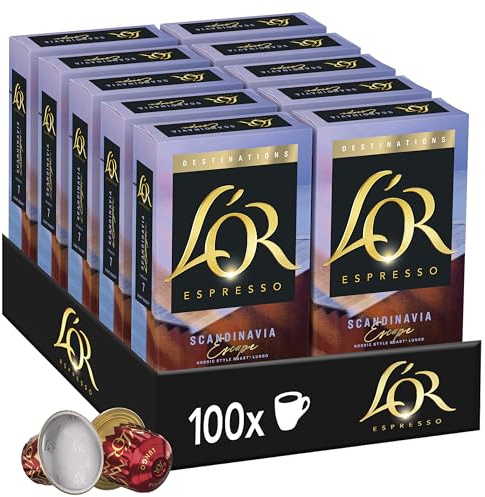 L'Or Espresso Café - 100 Capsules Scandinavia Lungo Intensité 7 | Compatibles Nespresso®*, lot de 10 x 10 capsules aluminium