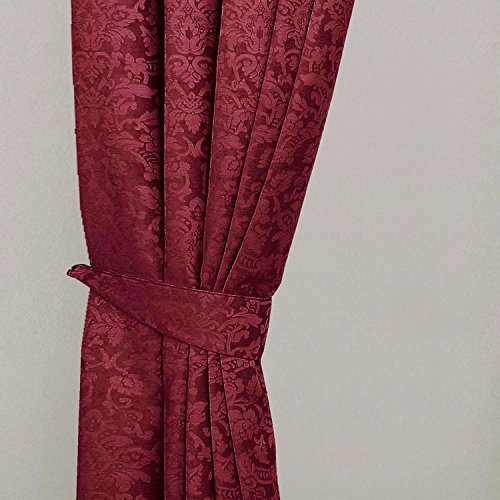 HOMESCAPES Wine Red Super Luxury Velvet Jacquard Curtain Tie Backs Pair, 2 Tie Backs for Curtains - Coordinating with Chenille Thermal Pencil Pleat Curtains. FREE SWATCHES AVAILABLE