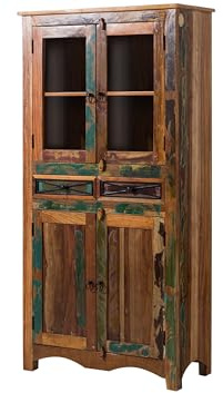 MASSIVMOEBEL24.DE | Nature of Spirit Vitrine 90x40x180 - Indisches Altholz-2, Farbe:Mehrfarbig lackiert, Größe:90x40x180 cm (BxTxH)