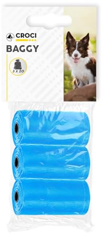 Croci - Sacchetti per bisogni dei Cani, 3 Rotoli x 20 Sacchetti, Totale 60 Sacchetti igienici per Escrementi, Resistenti Anti Rottura, Strappo Facile, Colore Blu