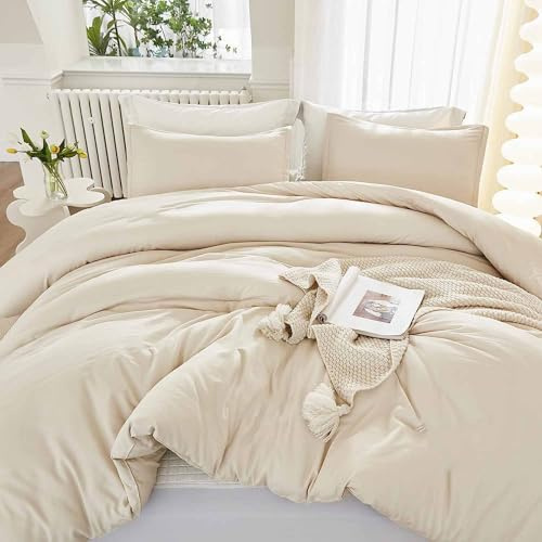 Nanko Beige Duvet Cover Set Queen Size, 3 Pcs - Luxury Soft Microfiber Down Comforter Bedding Cover with Zip, Ties - Neutral Solid Color Modern Style Bed Sets for Women and Men, 90 x 90 inch Cream