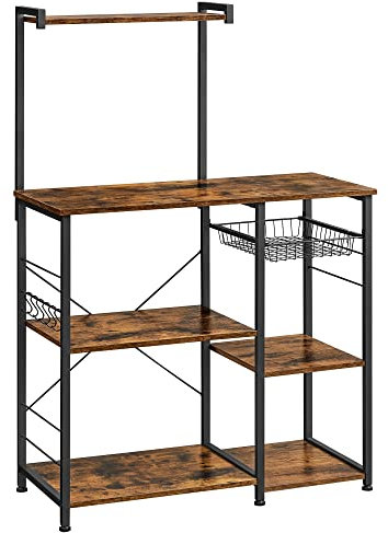 VASAGLE Küchenregal, Standregal, Bäckerregal mit Metallkorb, 6 Haken, Mikrowellenregal, für Gewürz, Töpfe und Pfannen, 40 x 90 x 134 cm, vintagebraun-schwarz KKS35X