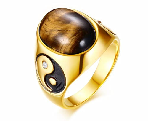 LAFATINA Biker Tai Chi Yin och Yang ringar män tumme sigillring rostfritt stål bandring sigillringar tigeröga sten Tai Chi klass ringar, Rostfritt stål, Strass