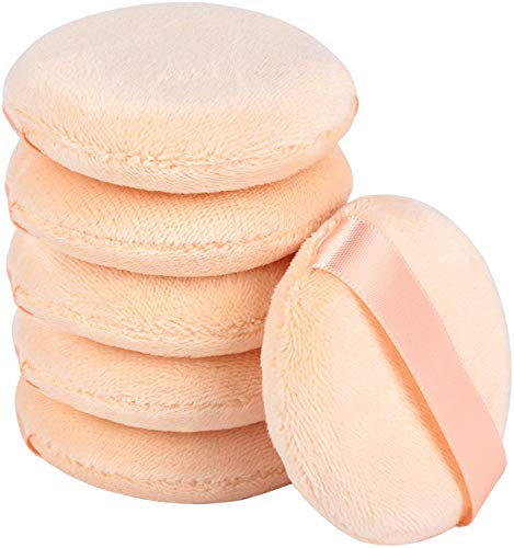 GOTH 6Pcs Cosmetic Powder Pads Soft Velour Face Powder Puffs With Ribbon Handle - Round for Face Makeup & Washable