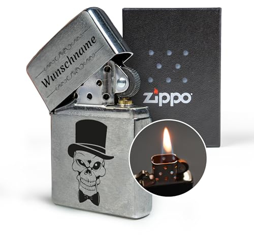 Zippo-Feuerzeug mit Gravur, Motiv Totenkopf, personalisiert | Name, Geschenkidee für Mann, Papa, Freund, Bruder