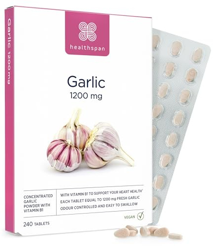 Healthspan Garlic 1,200mg (240 Tablets) | Supports Heart Health & the Respiratory System | Maintains Normal Cholesterol Levels | Added Vitamin B1 | Odour-Controlled & Easy to Swallow | Vegetarian