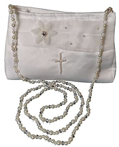 LadyMYP© Brauttasche/Brautbeutel/Handtasche mit Perlen-Blümchen und Perlen in Kreuzform mit Perlenkette für Hochzeit Kommunion weiß/Ivory NEU