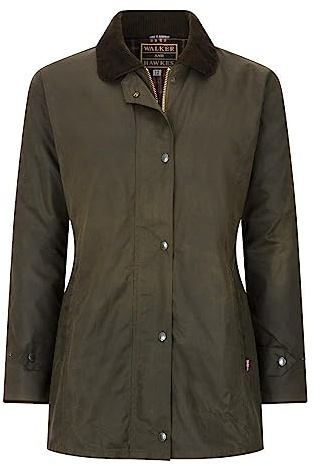 Walker and Hawkes Ladies Wax Victoria Jacket - Waterproof Jackets for Women, Made in Britain with 100% Quality Waxed Cotton and Tartan Lining - Olive - 14 UK / 10 US