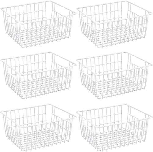 Redrubbit Wire Storage Baskets, Large Farmhouse Metal Freezer Basket Storage Organizer Bins with Handles for Kitchen Cabinets, Pantry, Closets, Bedrooms, Bathrooms, Set of 6, White