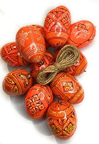 Ukrainisches Kunsthandwerk® 12 Holz Ostereier Handbemalt Inkl. Aufhänger für draußen. Handarbeit aus der Ukraine (Orange/Ornament)