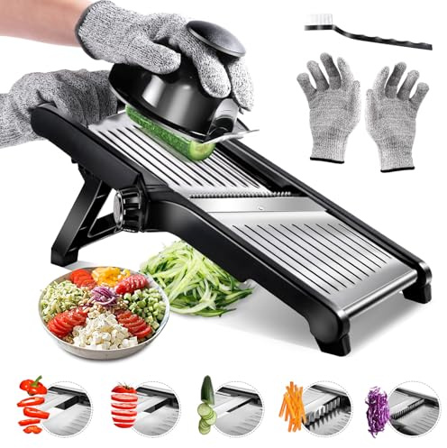 Almcmy Mandoline Slicer for Kitchen, Adjustable Stainless Steel Mandoline Food Slicer with Cut-Resistant Gloves, Vegetable Chopper Onion Slicer Potato Slicer Julienne Slicer - Send 1 Cleaning Brush