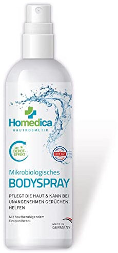 HOMEDICA Kroppsspray – 150 ml – mikrobiologisk och vegansk kroppsspray – lugnar huden och hjälper till med obehaglig lukt – ökar fukthållningsförmågan, Tillverkad i Tyskland
