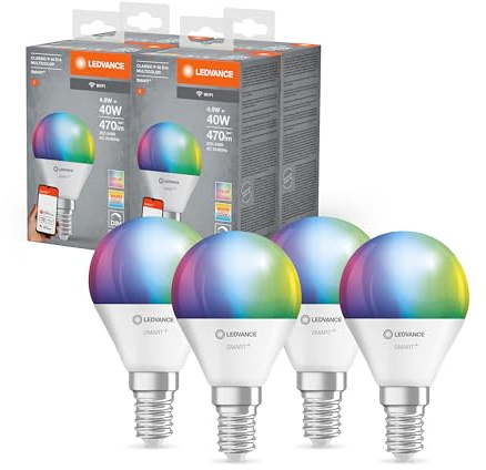 LEDVANCE Lampada LED SMART+ WIFI, smerigliata, 4,9 W, 470 lm, forma classica a sfera (Classic P), E14, luce colorata e luce bianca, app o controllo vocale, durata fino a 20.000HR, confezione da 4