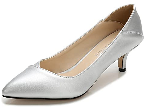 bbruriy Zapatos de vestir con tacón de gatito para mujer, elegantes, antideslizantes, cerrados, con punta puntiaguda, tacón bajo, 1.96 pulgadas, boda, novia, oficina, dama de cuero suave, plateado, 40