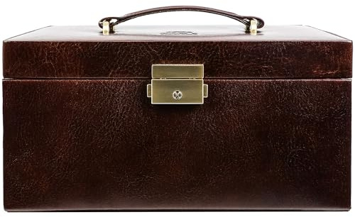 Time Resistance Leder Schmuckkästchen - Braun Schmuckaufbewahrung - Schmuck Verstauen - Schmuckkasten mit Spiegel - Schmuck Organizer mit Vielen Fächern - Jewelry Box