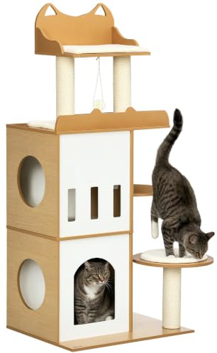 PawHut Albero per Gatti in MDF con 2 Casette 60x48x133 cm Bianco e Rovere | Amaca, Scaletta, Corde in Juta, Rivestimento Peluche