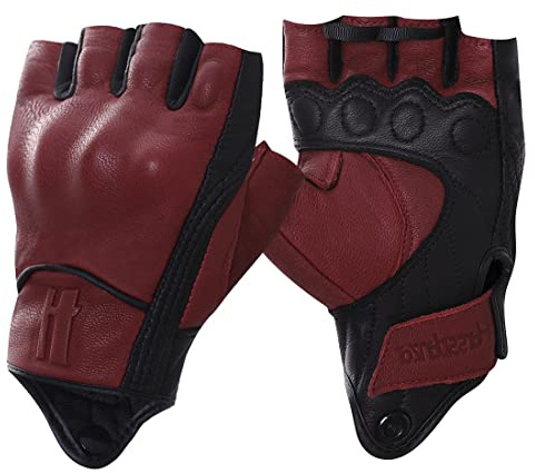 Harssidanzar Guanti da moto senza dita da donna, protezione per nocche rigide, guida, guida, motociclista da corsa, guanto touchscreen KL022, Oxblood/nero, taglia L