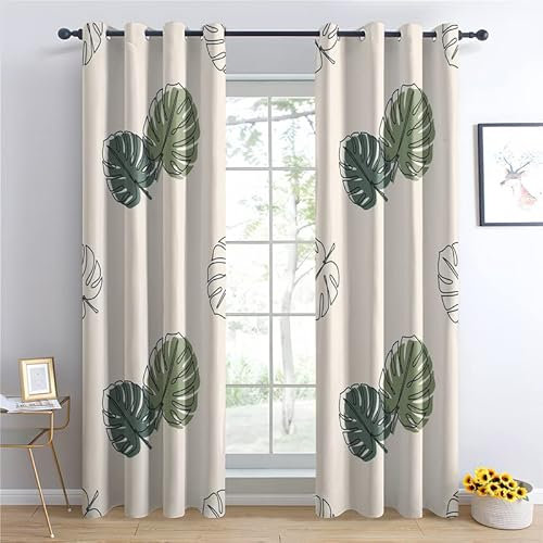 TAKUAN Monstera Vorhänge Verdunklung svorhänge mit Muster Blätter, Vorhang Blickdicht mit Ösen Gardinen Wohnzimmer Schlafzimmer Kinderzimmer Dekoration 2er Set-160 x 132 (H X B)