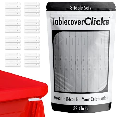 Table Cover Clicks: 32 Pack of Reusable Tablecloth/Table-Cover Clips – Great for Disposable Plastic Table Covers – Celebration/Party Table Décor