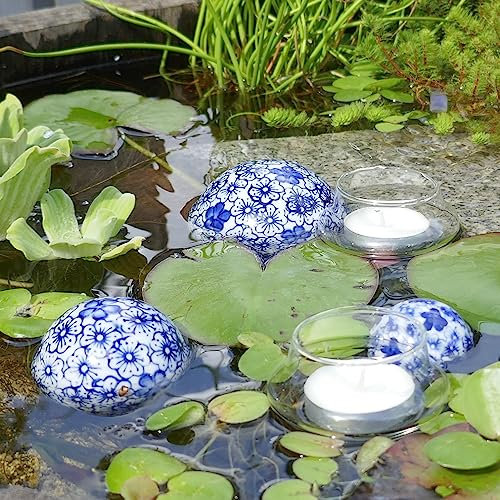 Storm's Gartenzaubereien Dekokugel - Schwimmkugel aus Keramik mit Blumenmuster blau in 3 Größen mit 2 Teelichtgläsern schwimmend als Teickdeko