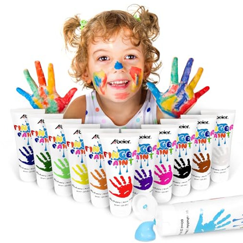 ABEIER Fingerfarben Kinder Ungiftig, Waschfest, 12 x 60ml, Auswaschbar Kleinkinder Fingermalfarben, Sicheres Malzubehör für Kindergarten Schule Frühes Lernen, zu Hause