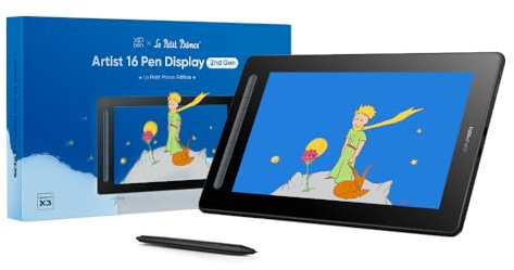 XPPen Artist 16 2nd & Le Petit Prince Tableta Gráfica con Pantalla 127% sRGB, Tableta Dibujo Digital Lápiz con tecnología X3 Chip,Compatible con Windows, Mac Os, Chrome Os, Linux y Android, Negro