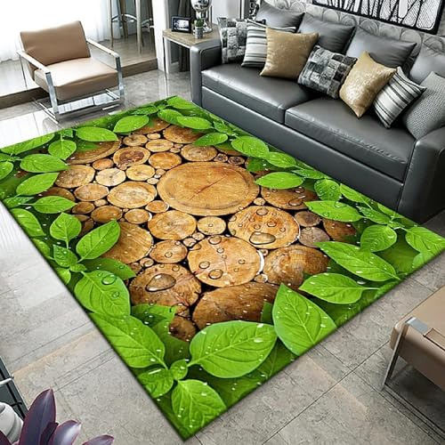HATEGE Teppich Wohnzimmer 140 x 200 cm Waschbar Vintage-Holz, Outdoor Teppiche Kurzflor 3D Grüne Blätter, Carpet Flauschig Vintage-Holz WS546