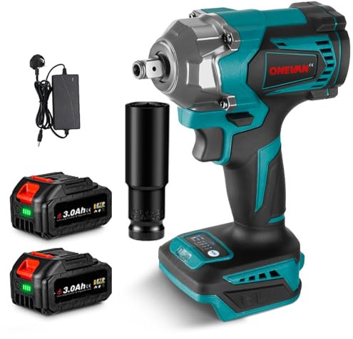ONEVAN Cordless Impact Wrench Brushless Electric Drivers - 700N.m Lithium-Ion Impact Gun, 4-Speeds Adjustment and 11 Accessory for Car Tyre Change (Incl. 2 Batteries)