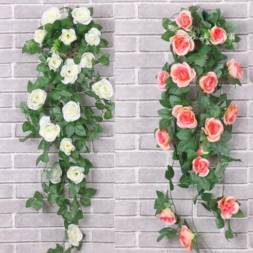 KARLOR 2 Stück Kunstblumen Hängend Rose Künstliche Blumen 95cm Hängeblumen Rosenrebe Künstlich Hängende Rose Hängepflanzen Seidenblumen Plastikblumen Hochzeit Deko Garten Wand (weiß+Champagne)