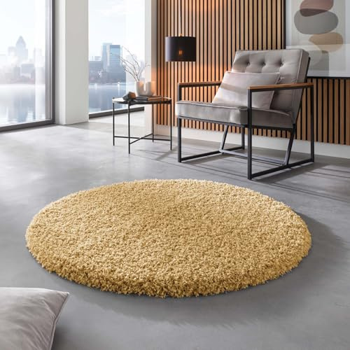 Taracarpet Shaggy Hochflor Langflor Teppich Twilight Luxus Qualität aus Belgien geeignet fürs Wohnzimmer Schlafzimmer und Kinderzimmer 2244 Gold 160x160 cm rund