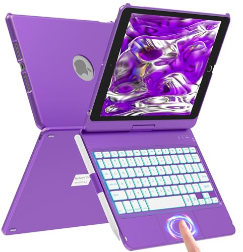 aMZCaSE Funda para iPad de 9ª/8ª/7ª generación con teclado con panel táctil, cubierta delgada de 360°, funda de teclado para 9ª generación con luz negra de color, soporte para lápices, apagado y