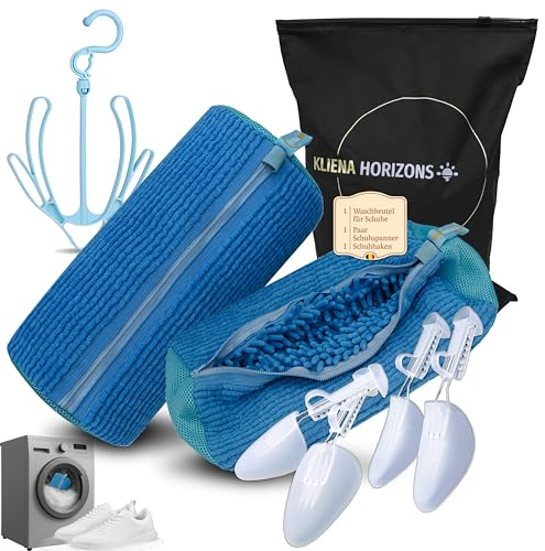 Set Schuhwaschbeutel Waschmaschine mit Schuhspanner & Schuhhaken – Schuh Waschbeutel, Zubehör, Schutz, Pflege & Reinigung – KLIENA HORIZONS – Sneaker & Turnschuhe Waschbeutel für Damen, Blau