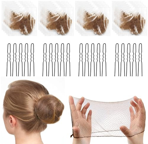20 PCS Bun Nets Brown, Hair Net with 20 PCS U-Shaped Clips Hair Nets for Buns, for Girls Ladies, Elastic and Stretchable