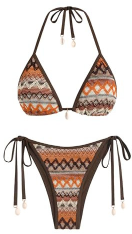 ZAFUL Damen-Bikini-Set, Colorblock-Streifen, Triangel-Neckholder, gebunden, frecher Tanga, hoher Schnitt, zweiteiliger Badeanzug, 2-braun, Large