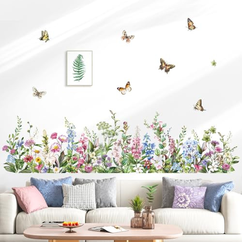 decalmile Wandsticker Grüne Gras Blumen Wandtattoo Grüne pflanzen | Abziehbare und Aufklebbare Wandaufkleber, DIY Abnehmbare Wandkunst Abziehbilder, Wandfreundlich, Leuchtenden Farben